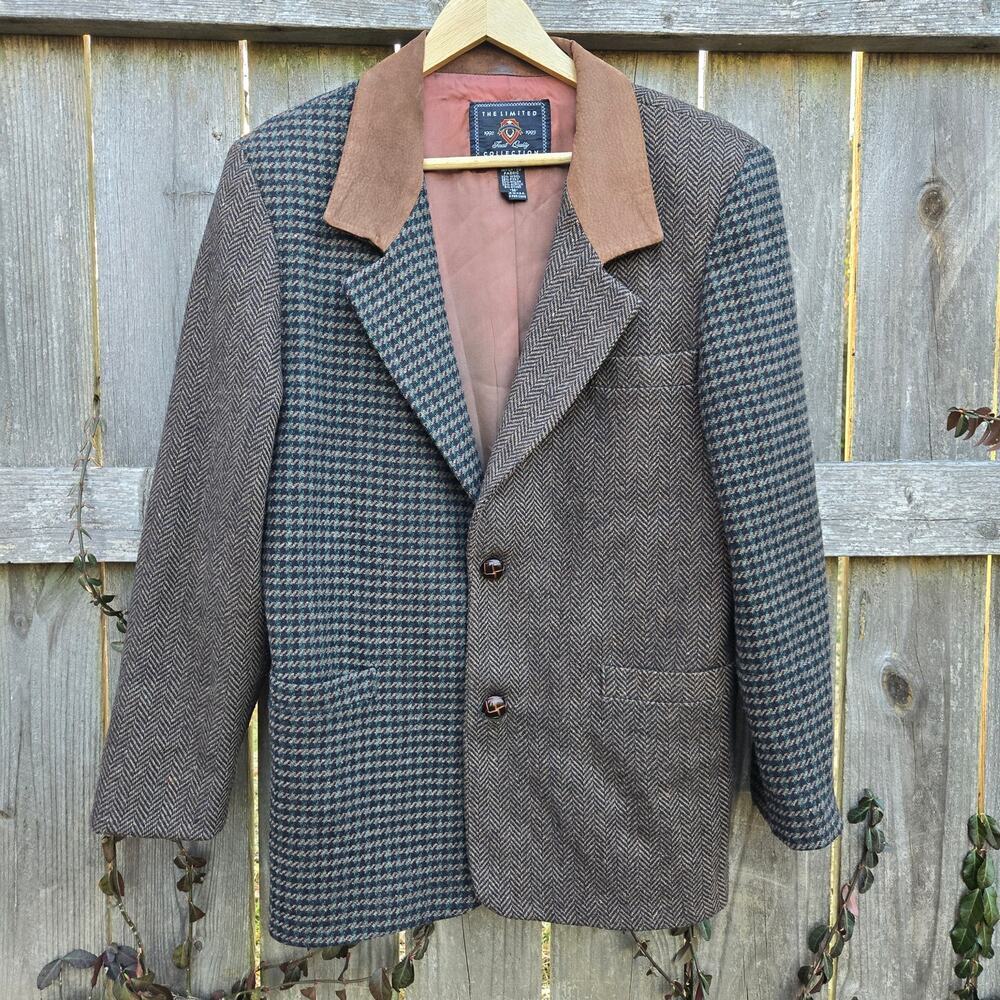 The Limited Vintage 90s Suede Wool Houndstooth Blazer M English Countryside Prep